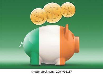 Piggy bank with Ireland flag and gold coin, 3d rendering