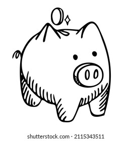 Piggy bank isolated on white background. Box for safe savings, coins, cash, gold. Money pig in doodle style. Design concept financial education and saving. Vector illustration.