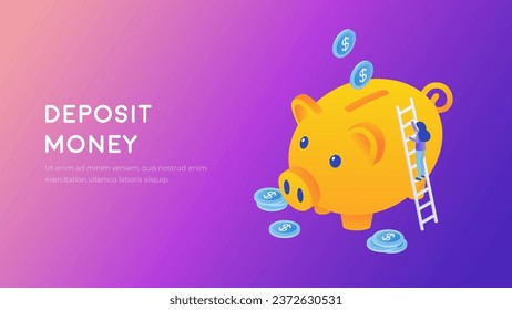 Piggy bank isometric concept. Financial future vector. Increase income, investments, earnings, cash. Business 3d illustration.