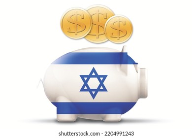 Piggy bank with Isreal flag and gold coin, 3d rendering