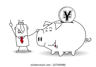 Piggy bank and japanese yen.This business man saves money in his Piggy bank . It's a metaphor. It's a good plan for the future