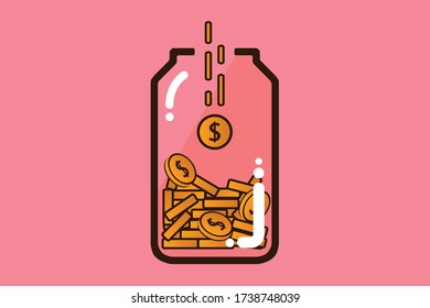 Piggy bank jar with coins in a piggy bank Many dollars and lots more to save money is knowing how to save money. Or spend money while working