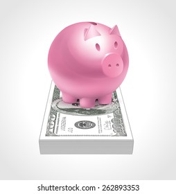 Piggy bank keeping a stack of dollar bills safe