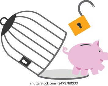 Piggy bank with key free himself from cage. Freedom concept. Modern vector illustration in flat style

