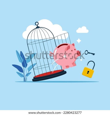 Piggy bank with key free himself from cage. Freedom concept. Modern vector illustration in flat style 