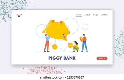 Piggy Bank Landing Page Template. Tiny Male and Female Characters Shaking Huge Pig Moneybox. Concept of Poverty, Savings, Budget, Finance Investment. People Collect Money. Cartoon Vector Illustration