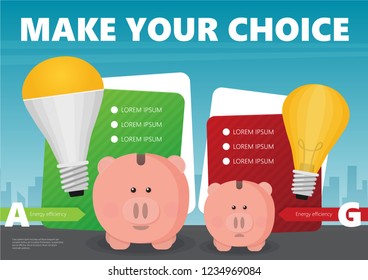 Piggy bank and LED light bulb flat vector infographic