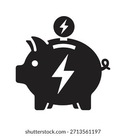 Piggy bank relâmpago sólido preto ícone vetor isolado branco plano de fundo isolado conceito de economia de energia elétrica redução de custo dinheiro financiamento símbolo design