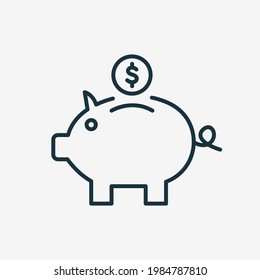 Piggy Bank Line Icon. Accumulation or Saving of money Linear Icon. Piggy Bank with Falling Dollar Coin Icon. Sign for Banking or Business Poster. Editable stroke. Vector illustration.