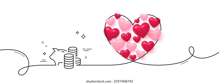 Piggy bank line icon. Continuous line big heart. Coins money sign. Business savings symbol. 3d hearts in heart shaped loop. Piggy bank single line ribbon. Loop curve pattern. Vector