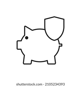 Piggy bank line icon with protection sign.