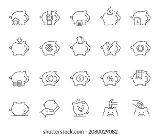 Piggy bank line icons set. Finance and banking. Editable stroke. 