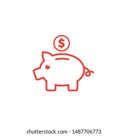 Piggy Bank Line Red Icon On White Background. Red Flat Style Vector Illustration.
