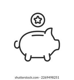 Piggy bank, linear icon, and point coin, save points. Line with editable stroke