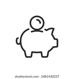 Piggy bank, linear style icon. Piggy bank with a coin being inserted. Editable stroke width.