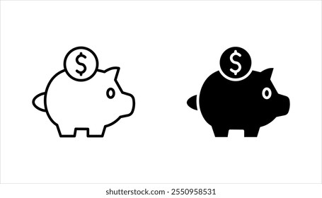 Piggy bank, linear style icon set, Piggy bank with a coin being inserted, Editable stroke width, on a white background.