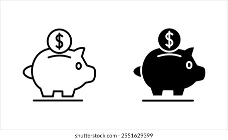 Piggy bank, linear style icon set, Piggy bank with a coin being inserted, Editable stroke width, on a white background.