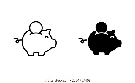 Piggy bank, linear style icon set, Piggy bank with a coin being inserted, Editable stroke width, on a white background.