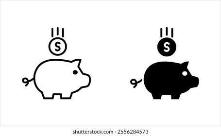 Piggy bank, linear style icon set, Piggy bank with a coin being inserted, Editable stroke width, on a white background.