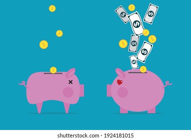 Piggy bank with little money and a lot of money, Vector illustration in flat style