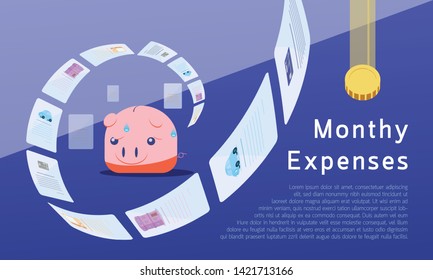 A piggy bank look nervous while billing floating around.
