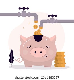 Piggy bank with many coins from pipes or water faucet. concept of investment, passive income, financial saving and earnings. Retirement savings, pension fund. flat vector illustration