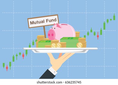 Piggy bank and many money in silver tray on stock chart background. This illustration about saving in mutual funds in catering concept.
