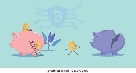 Piggy bank, money accumulation, wealth, cryptocurrency, digital money. Blockchain vector illustration, safe money saving, crypto wallet