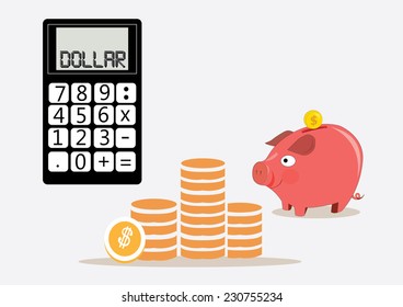 piggy bank money box with calculator. vector illustration