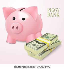 Piggy bank money box with cash dollar banknotes stack vector illustration.