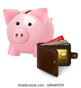 Piggy Bank Money Box Saving Symbol With Leather Wallet Money And Credit Card Inside Poster Vector Illustration.