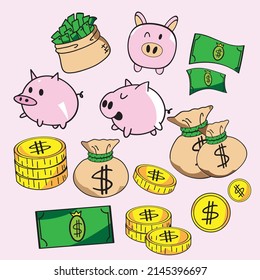 piggy bank and money bundle set vector image