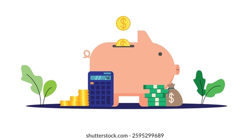 Piggy Bank with Money and Calculator Flat Style. Finances, savings and accounting services vector art