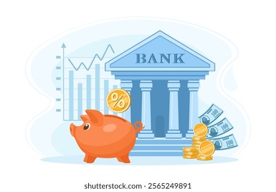 Piggy bank, money, coins, dollars and bank building. Concept of banking, capital accumulation, money savings, investment, finance and banking services. Vector illustration in blue color.