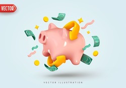 Piggy Bank With Money Creative Business Concept. Realistic 3d Design. Pink Pig Keeps Gold Coins. Keep And Accumulate Cash Savings. Safe Finance Investment. Financial Services. Vector Illustration