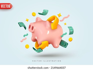 Piggy bank and Money creative business concept  Realistic 3d design  Pink pig keeps gold coins  Keep   accumulate cash savings  Safe finance investment  Financial services  vector illustration
