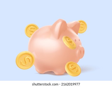 Piggy Bank With Money Creative Business Concept. Realistic 3d Design. Pink Pig Keeps Gold Coins. Vector Illustration