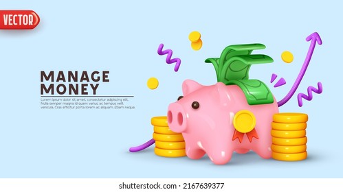 Piggy bank Money creative business concept  Pink pig   pile gold coins   paper green dollars  Keep   accumulate cash savings  Safe finance investment  Financial services  vector illustration