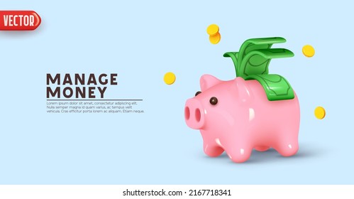 Piggy bank Money creative business concept. Pink pig and pile gold coins and paper green dollars. Keep and accumulate cash savings. Safe finance investment. Financial services. vector illustration