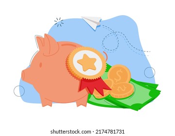 Piggy bank Money creative business concept. Pink pig and pile gold coins and paper green dollars. Keep and accumulate cash savings. Safe finance investment. Financial services. vector illustration