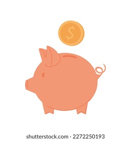 Piggy bank with Money creative business concept. Pink pig keeps gold coins. Keep and accumulate cash savings. Safe finance investment. Financial services. vector illustration