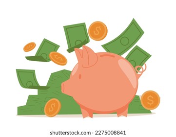 Piggy bank with Money creative business concept. Realistic design. Pink pig keeps gold coins. Keep and accumulate cash savings. Safe finance investment. Financial services. vector illustration