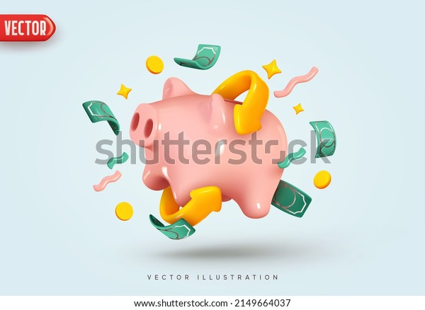 Piggy bank with Money creative business\
concept. Realistic 3d design. Pink pig keeps gold coins. Keep and\
accumulate cash savings. Safe finance investment. Financial\
services. vector\
illustration