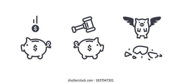 Piggy Bank. Money, Finance, Business Icons Set Isolated. Flat Style Vector Illustration. Line Art. Signs And Symbols. Modern Simple Style. Broken Piggy Bank. Flying Pig With Wings.