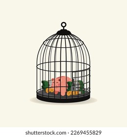 Piggy bank and money inside of birdcage. Stack of money concept illustration
