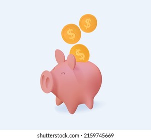 Piggy Bank. Money Investment, Financial Education. Deposite Business Profit Or Trading 3D Illustration. Piggy Bank With Dollar Coins. Finance, Saving Money, White Piggy Bank. Investing Return Plan