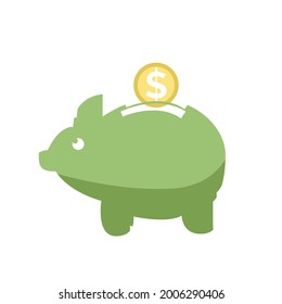 Piggy bank with money isolated on white background, money saving or accumulation of money, investment. Vector illustration in flat style