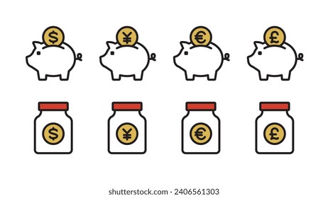 Piggy bank and money jar icon set Currency variations: Japanese yen, dollar, euro, pound Variable line width