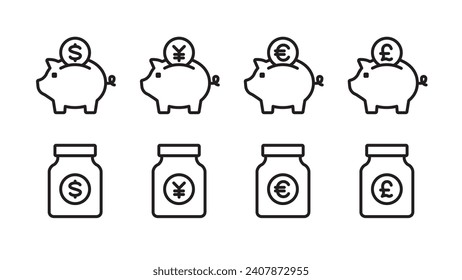 Piggy bank and money jar icon set Currency variations: Japanese yen, dollar, euro, pound Variable line width