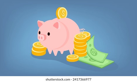 Piggy bank and money on blue background